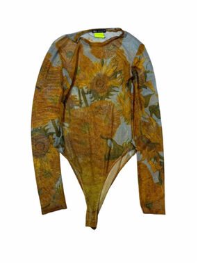 Zara Sunflower Print Sheer Long-Sleeve Bodysuit - Yellow, Green, Blue